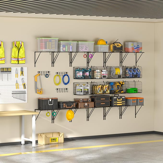 ThreeHio 2 Pack Garage Shelves Wall Mounted with Wire Baskets, Heavy Duty Garage Wall Shelving with Hooks, Wire Shelf Baskets Tool Organizer for Home Garden Garage Organization and Storage