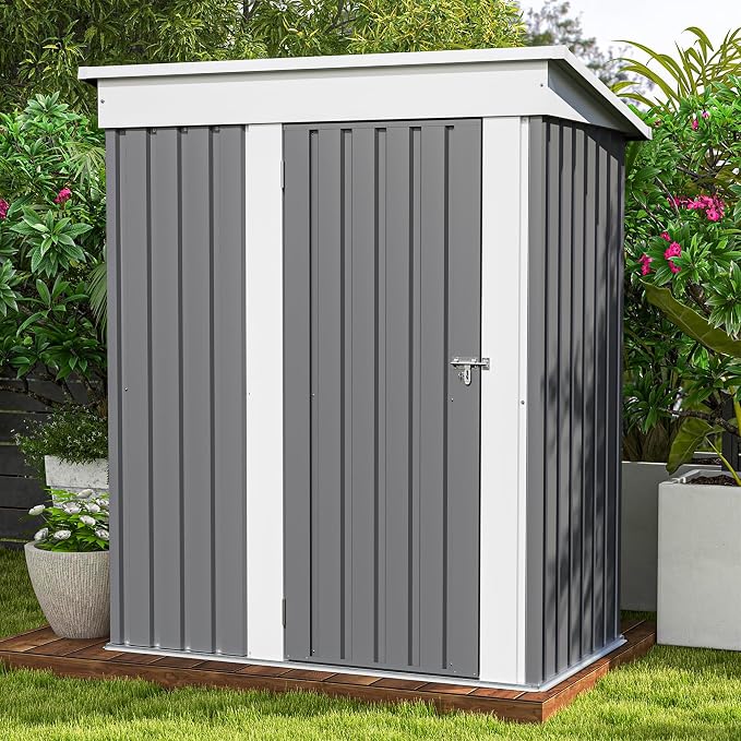 Patiowell 5x3 FT Outdoor Storage Shed, Garden Tool Shed | with Sloping Roof and Lockable Door, Metal Shed for Backyard Garden Patio Lawn, Gray