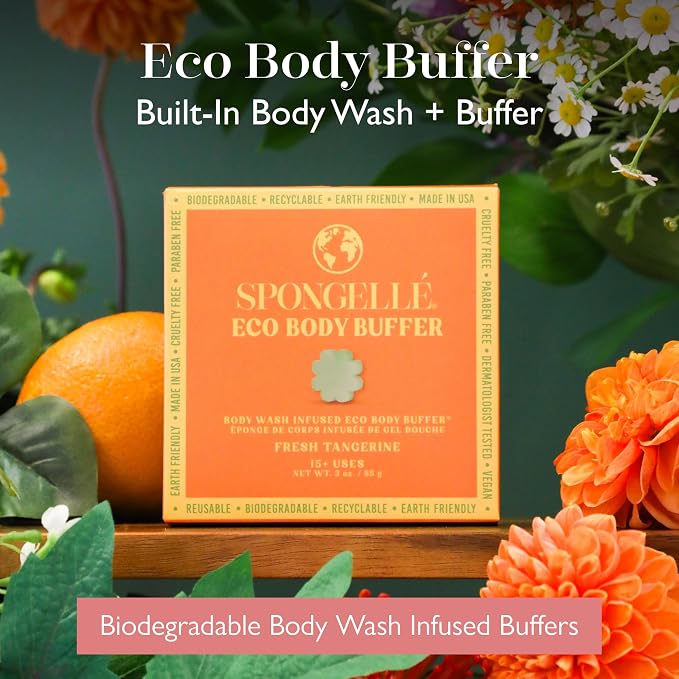 Spongelle Fresh Tangerine Eco Collection Body Buffer Body Scrubber | Bath & Shower Loofah for Men & Women | Biodegradable, Cruelty-Free, Vegan, Dermatologist-Tested, Made in USA | 15+ uses