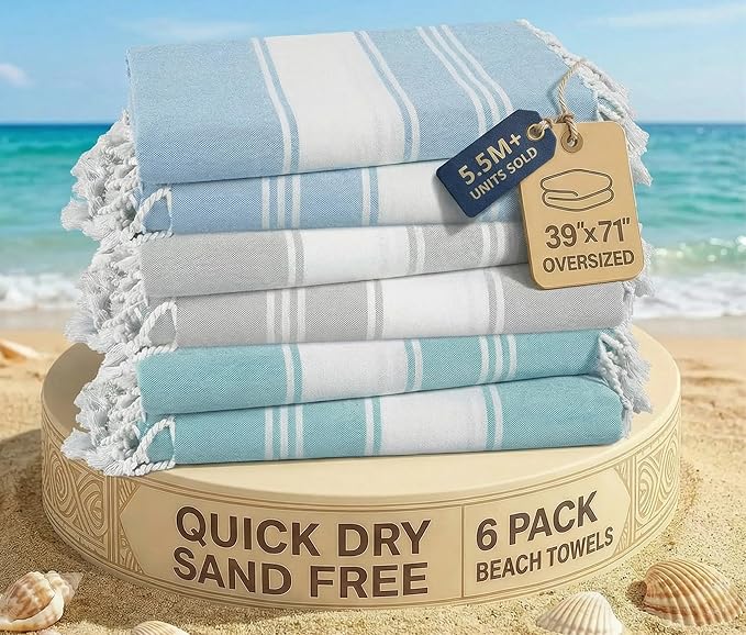 LANE LINEN Beach Towels 6 Pack, Bulk Beach Towels Oversized - Classic Color | Pool Towels for Adults - Pre-Washed, 39"x71", Vacation Essential - Machine Washable, Travel & Camping, Reinforced Hems