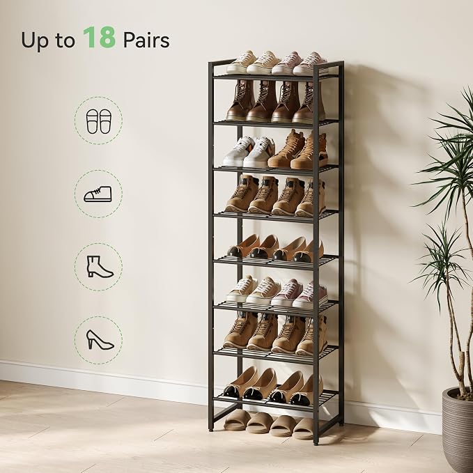 Nunsino Narrow Shoe Rack, 8-Tier Metal Shoe Organizer,Tall Shoe Shelf with Anti-Tip Strap, Max Holds 18 Pairs,Space Saving for Closet,Entryway,Black