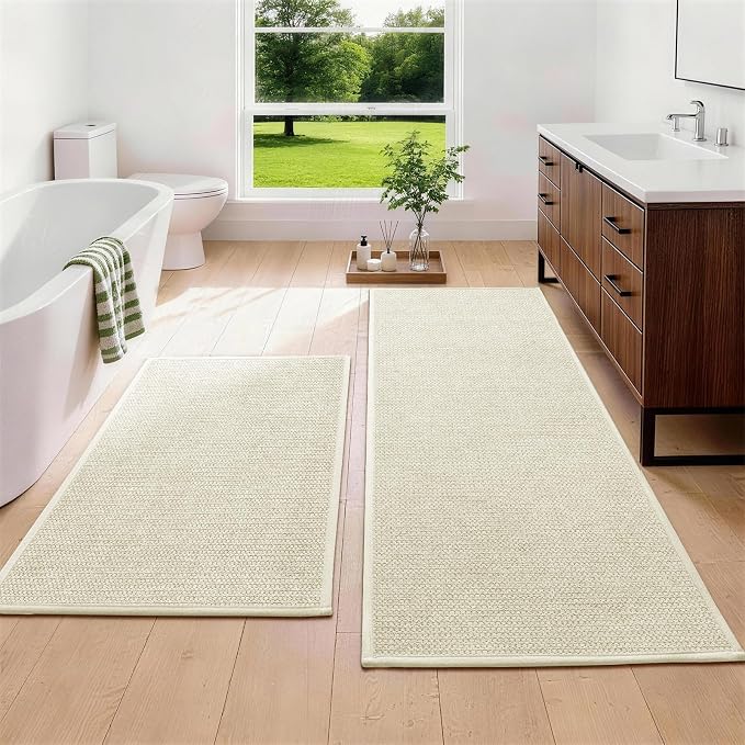YIHOUSE Long Large Bathroom Rugs Sets 2 Piece, Quick Dry Thin Bath Mat, Non Slip Absorbent Machine Washable, Bath Runner Rug for Tub Sink Home Decor (24"x36" + 24"x59",Beige)