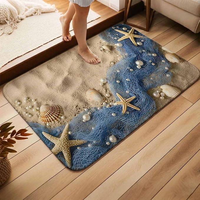 Entryway Rug Indoor Outdoor 31.5"x47.2", Coastal Beach Absorbent Non Slip Floor Mat, Summer Nautical Blue Fishing Net Conch Low-Profile Welcome Mats for Front Door Patio Mudroom Garage Entrance