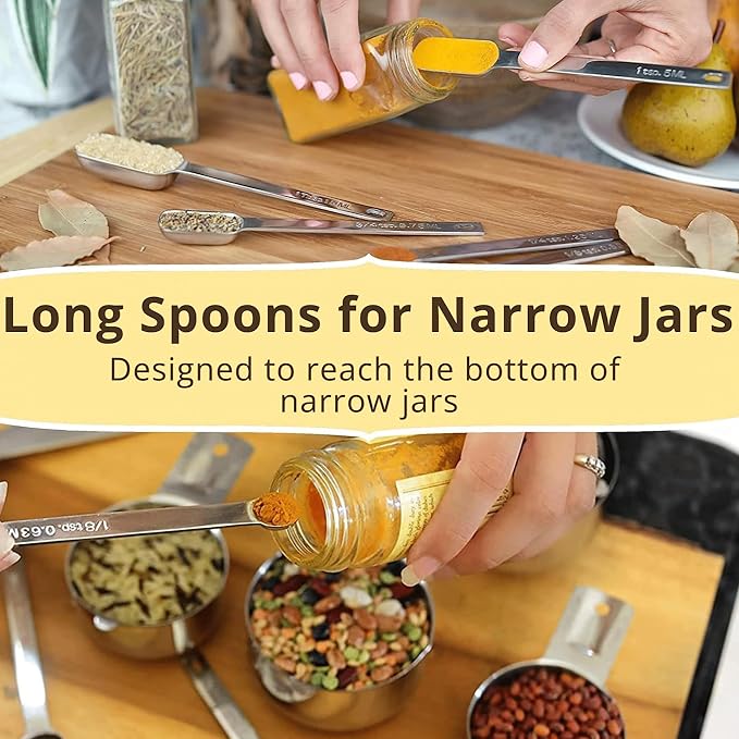 Measuring Cups and Spoons Set of 15, Stackable Cups, Long Handle with Leveler Fits Narrow Jars, 304 Premium Stainless Steel, Kitchen Gadgets for Liquid & Dry Ingredients Cooking Baking