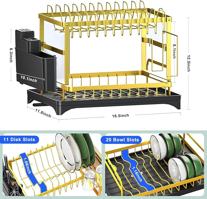 Dish Drying Rack Gold, Multifunctional Dish Racks for Kitchen Counter | with Drainboard 2 Tier Dish Drainer Large Capacity for Knifes/Cup/Cutting Board