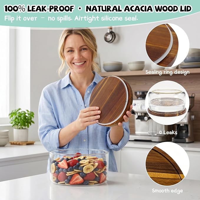 Jolitac 197oz Glass Trifle Bowl with Lid, Clear, 10 inch | Extra Large, Acacia Wood Airtight Lid, Thickened & BPA-Free, Modern Design, For Dessert Fruit Party Display