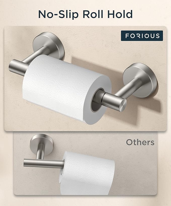 FORIOUS Toilet Paper Holder Wall Mount, Stainless Steel Rustproof Double Post Pivoting Tissue Roll Holder for Bathroom, Commercial Toilet Paper Dispenser (Brushed Nickel, Classic)