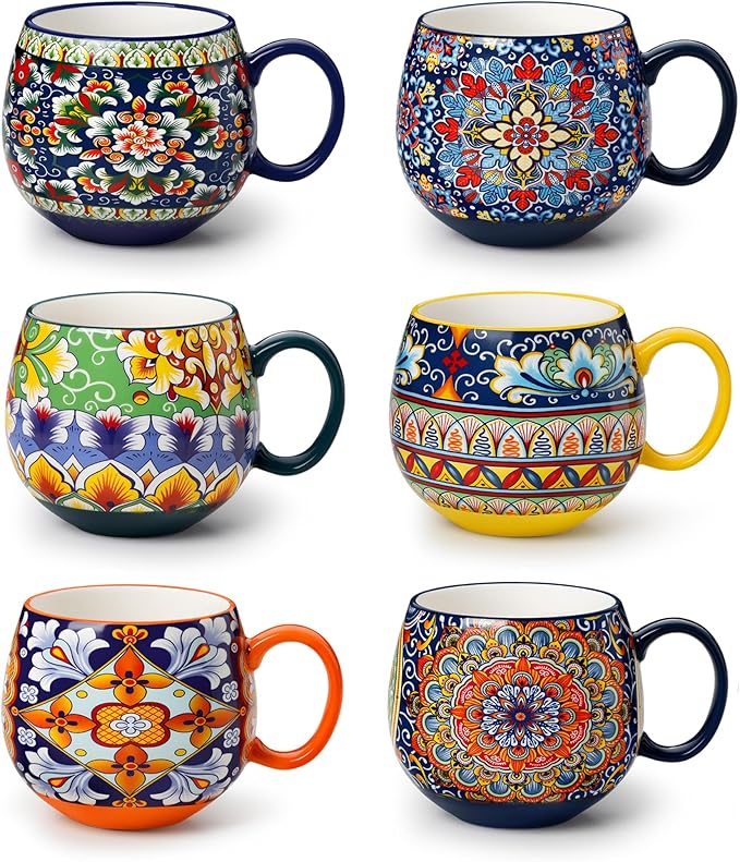 vancasso Coffee Mugs Set of 6, Coffee Cups Ceramic 18oz, Porcelain Coffee Mugs for Cappuccino, Latte, Espresso, Colorful Coffee Mugs with Handle, Rounded Boho Mugs, Microwave & Dishwasher Safe