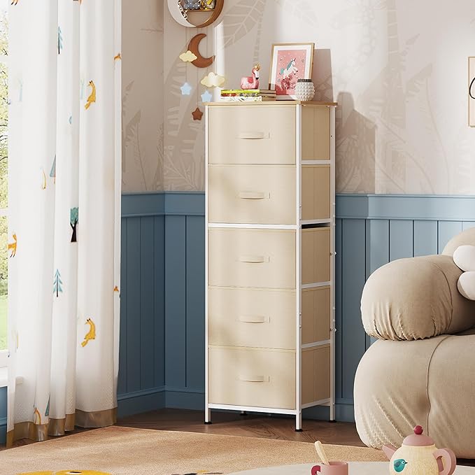 WLIVE Fabric Dresser, 5-Drawer Tall Dressers for Bedroom, Storage Dresser Organizer with Fabric Bins, Wood Top, Sturdy Steel Frame, Chest of Drawers for Closet, Hallway, Cream White