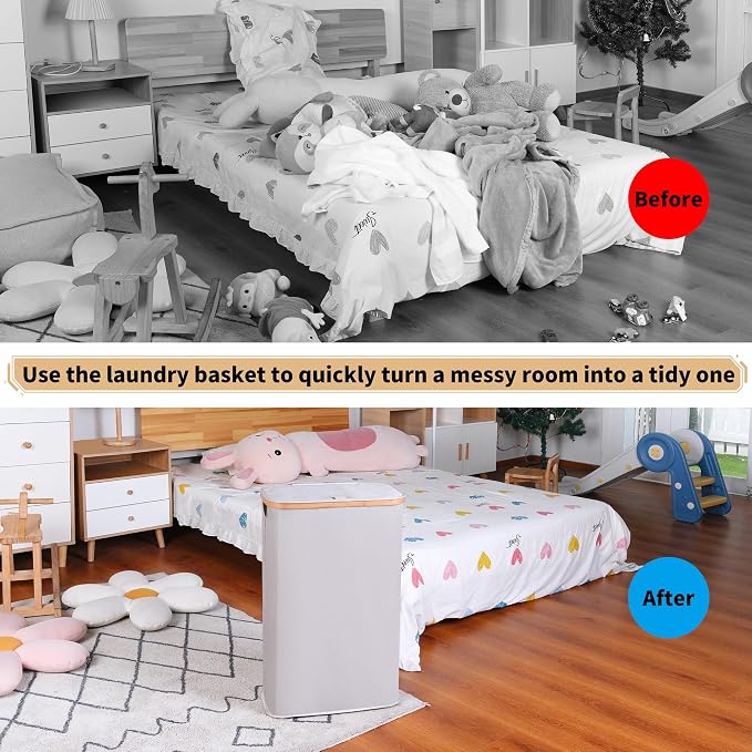 65L Slim Laundry Hamper, Narrow Laundry Basket with Lid,Foldable Clothes Hamper with Bamboo Handles,Hamper Basket with Removable Inner Bag for Laundry Room Bedroom College Dorm,17.17 Gals（Light Grey）