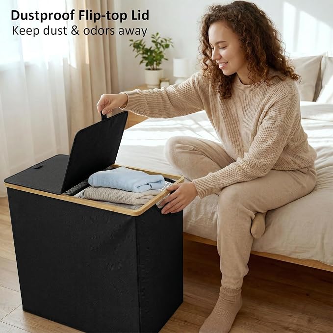 efluky Laundry Hamper with Lid, Double Laundry Basket with 2 Removable Bags, 2 Section Laundry Bin with Bamboo Handles for Bathroom, Bedroom & Laundry Room, 140L (36.9 Gallon) Black