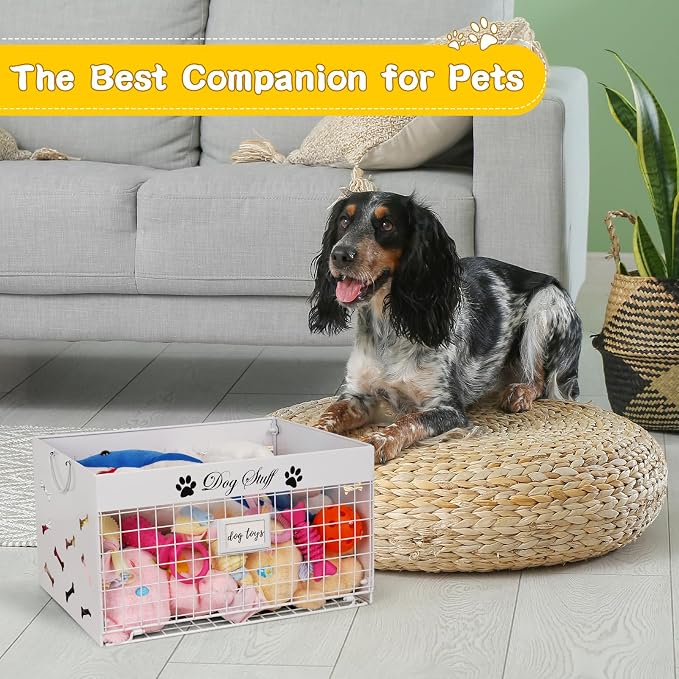 Bfttlity Dog Toy Basket - Large Dog Toy Box with Handles and Label Position Design for Living Room, Metal Dog Toy Bin Storage for Dogs Chew Pets Toys, Blankets, Clothes, Food (White)