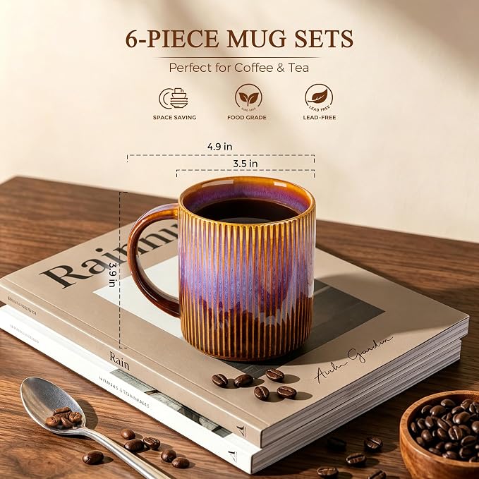 theterra Ceramic Coffee Mugs Set of 6, 14.2oz Handmade Coffee Cups with Handle for Latte, Tea, Milk, Beer, Hot Cocoa, Amber Amethyst