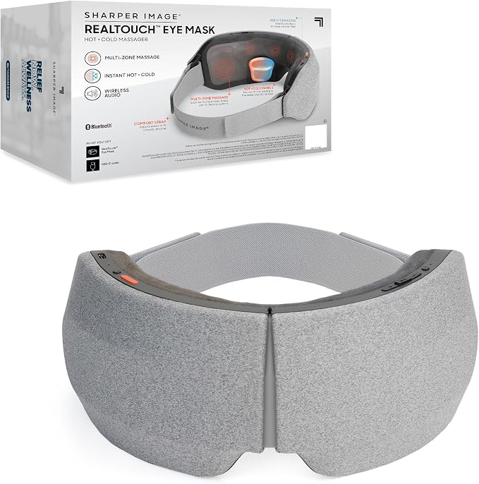 Sharper Image® RealTouch™ Eye Mask, Hot + Cold Massager, Air Compression, Puffy Under Eye Aid, Bluetooth Music, USB-C Rechargeable, Headache Stress & Anxiety Relief, Relaxation & Comfort Travel Gift