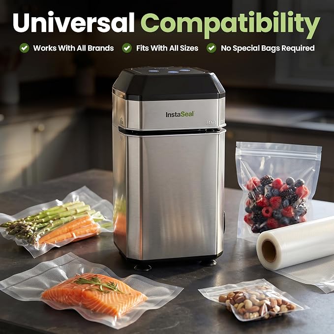 InstaSeal Upright Vacuum Sealer for Food with 12 Bags | Preserves Foods 5x Longer, Space Saving Compact Design, Seals Liquids, Soups & Marinades Mess-Free for Sous Vide Cooking