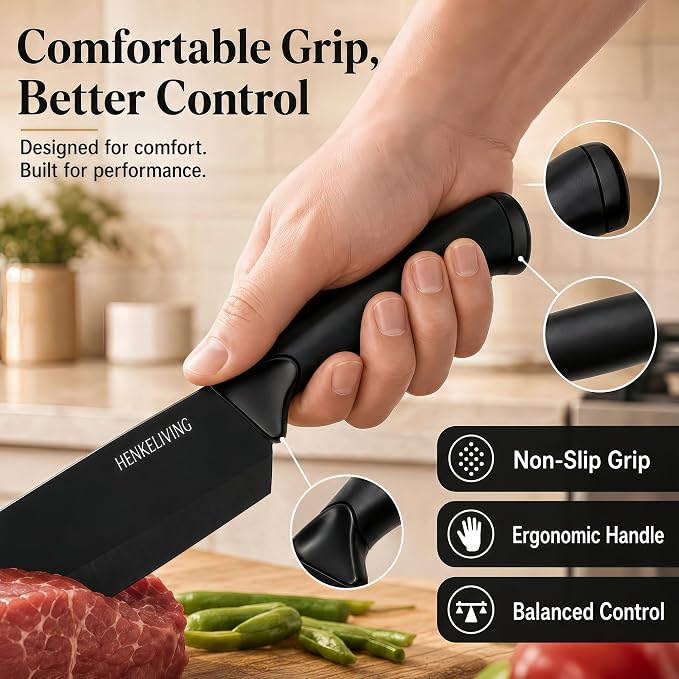 14-Piece Black Kitchen Knife Block Set with Built-In Sharpener | German high-carbon stainless steel blades, dishwasher safe, ultra-sharp edges, ergonomic non-slip handles