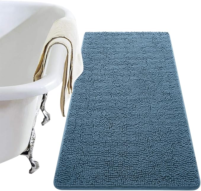 LOCHAS Luxury Bathroom Rug Shaggy Bath Mat 24 x 48 Inch, Denim Blue | Washable Non Slip Bath Rugs for Bathroom Shower, Soft Plush Chenille Absorbent Carpets