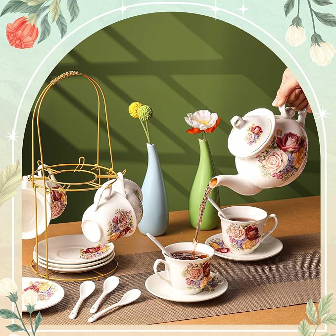 Zhehao 20 Pcs Porcelain Tea Set with Metal Holder and Spoon Adult Ceramic Tea Set European Flower Painting Teapot Cup Saucer Spoon for Women Mom Gift, Large Version (Groovy Style)