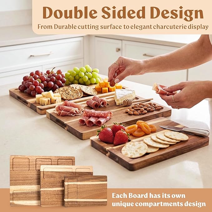 Acacia Wood Cutting Boards for Kitchen Set of 3, Double sided | Non toxic chopping boards: cut one side, serve on the other; FSC wooden, large kitchen boards for charcuterie