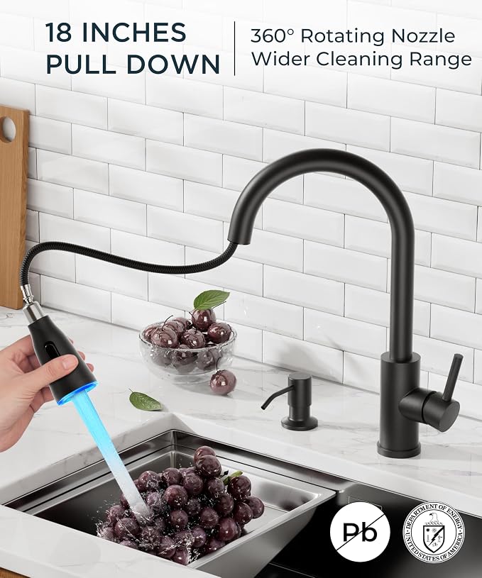 FORIOUS LED Kitchen Faucet with Soap Dispenser, Pull Down Sprayer, Black | Stainless Steel Single Handle, Transitional Bar Sink Faucet with LED Light Sprayer, Suitable for Outdoor Rv Laundry Camper