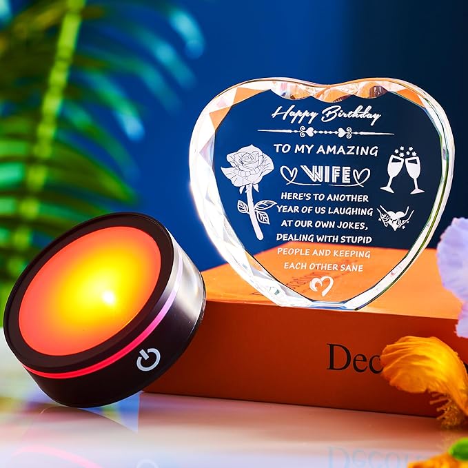 Birthday Gifts for Wife, Romantic Heart Shaped Crystal Night Light with LED Base, Wife Birthday Gift from Husband, Crystal Style Keepsake Plaque, Anniversary Valentine Christmas Gift for Her