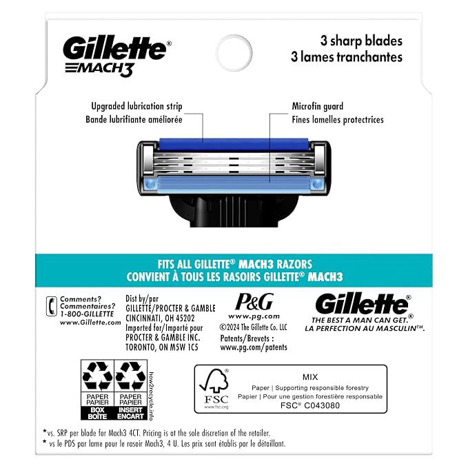 Gillette Mach3 Razor Refills for Men, 12 Razor Blade Refills