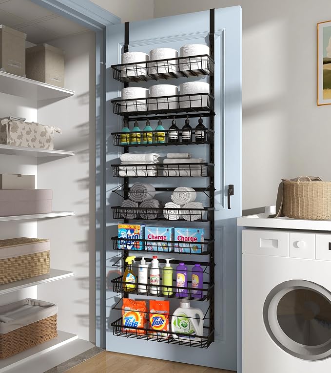 Mefirt Over The Door Pantry Organizer, Wall Mount Spice Rack, Pantry Hanging Storage and Organization, 8 Adjustable Baskets Heavy-Duty Metal for Home & Kitchen, Back of Door Seasoning Rack - Black