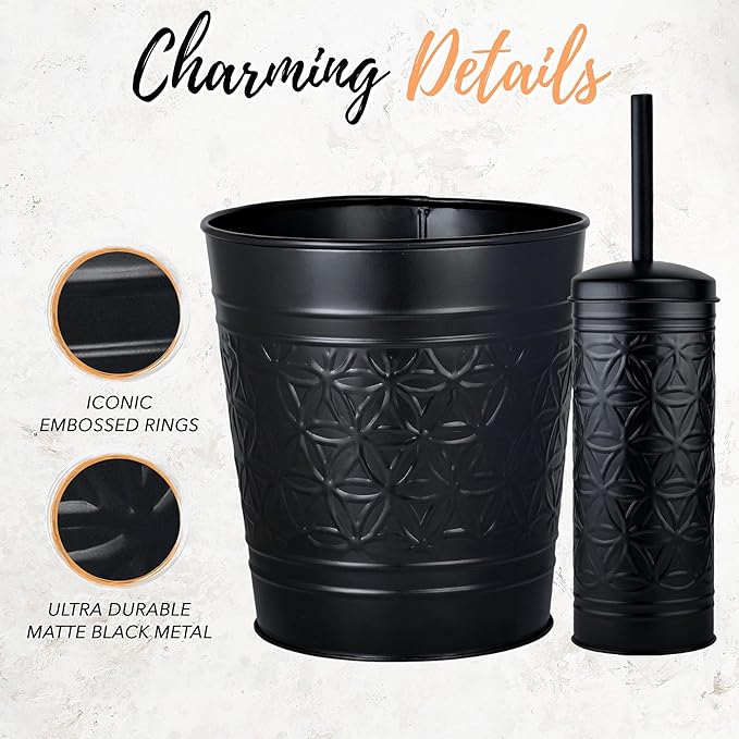 Autumn Alley Handcrafted Black Farmhouse Bathroom Trash Can and Toilet Bowl Brush with Holder Set - Metal Black Bathroom Accessories Set for Classic Bathroom Décor