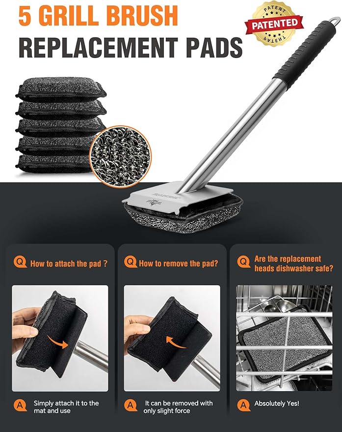 Bristle-Free Steam Grill Brush with 5 Replacement Pads – No Bristle Shedding. Unique Steel Fibers Pads Efficiently Deep Clean All Kinds of Grills. A Safe Outdoor Grill Cleaner. Gift for Men/Dad.