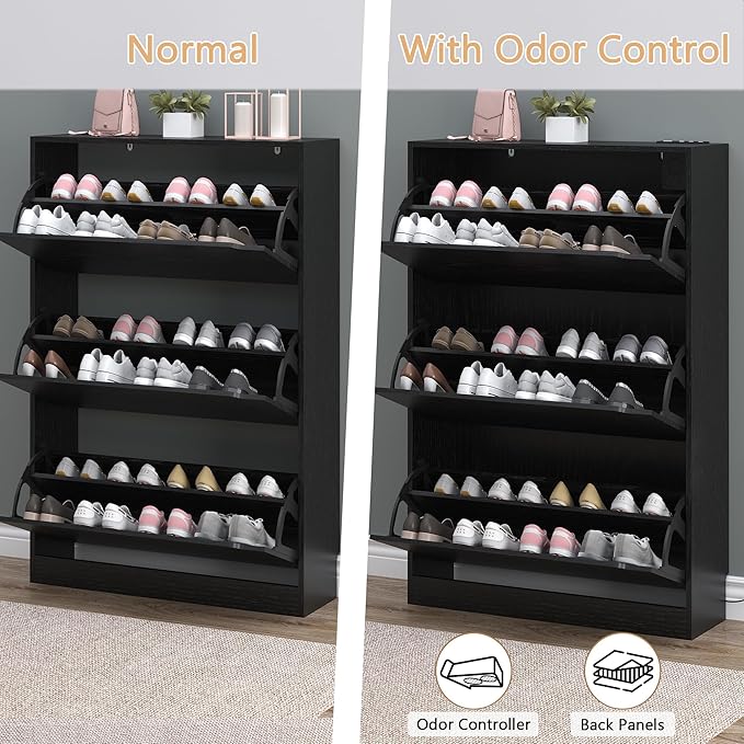 BORNOON Shoe Cabinet with Odor Control and Back Panels, Deodorizing Slim 3-Flip Shoe Storage Cabinet for Entryway, Freestanding Hidden Shoe Rack Organizer for Entrance, Hallway, Bedroom