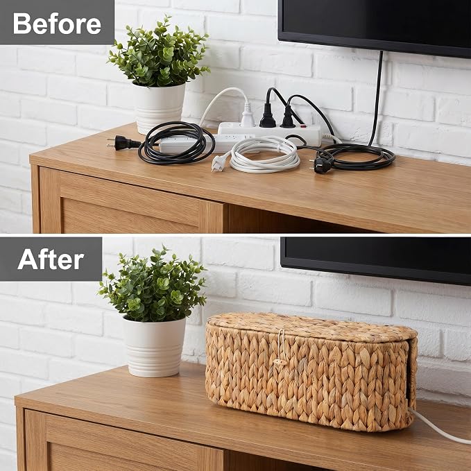 Set of 2 Cable Management Box, Handwoven Water Hyacinth Cord Hider Organizer Boxes with 3 Side Open Slots, Cable Organizer Box to Hide Cords Power Strip, USB Hub, TV Wires for Home, Office