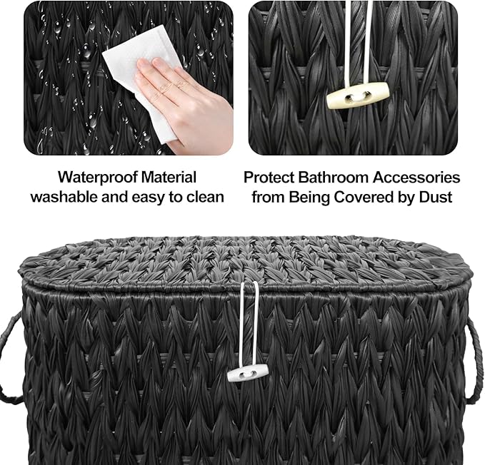 Coeusy Black Toilet Paper Basket with Lid,Wicker Toilet Paper Storage Stand,Large Narrow Bathroom Towel Basket Mega Roll Container Bin for Toilet Tank,Floor