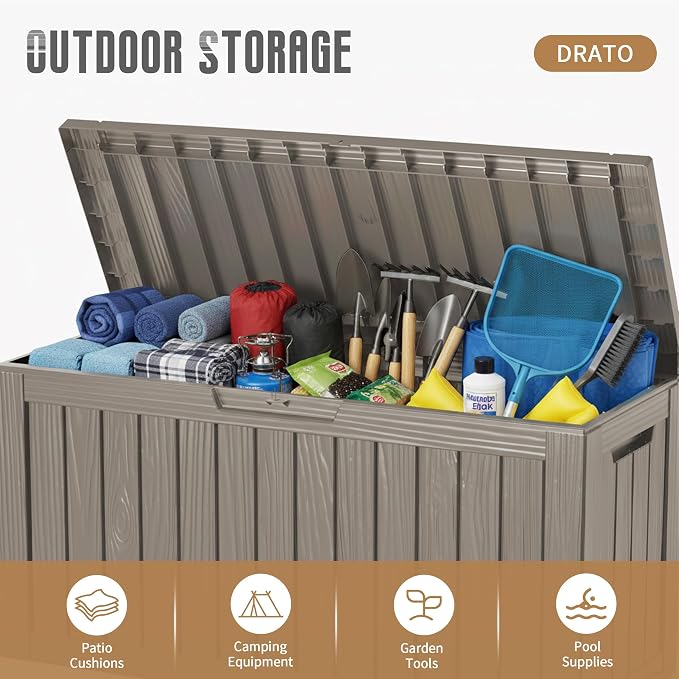 DRATO 100 Gallon Deck Boxes Outdoor Waterproof Storage Box with Wheels | Lockable Weatherproof Resin Outside Patio Storage Box for Backyard Furniture Pool Supplies Garden Tools, Grey