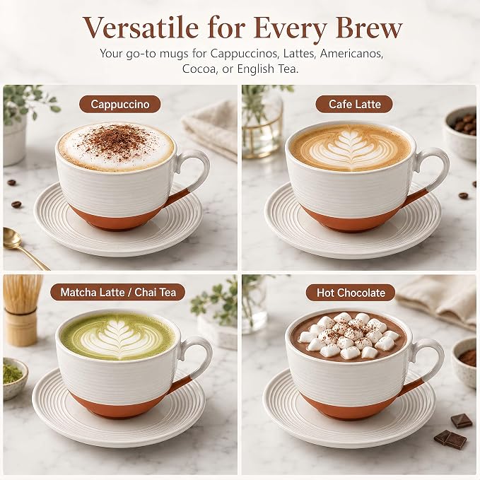 12 Oz Cappuccino Cups with Saucers, Coffee Cups Set of 4, Ceramic Tea Cup and Saucers, Wide Mouth Coffee Mugs for Latte Art, Cappuccino, Espresso & Cafe Drinks, Microwave Dishwasher Safe