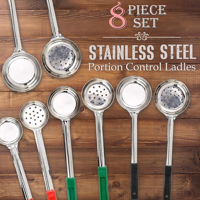 Portion Control Serving Spoon, Cooking Utensils, Set of 8, Weight Loss Bariatric Diet, Gastric Sleeve, Bariatric Surgery Must Haves, Cooking Spoons and Skimmers Set, 4 Solid & 4 Perforated, Cucharas