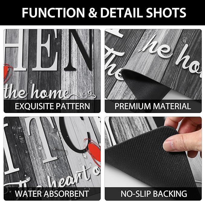 Kitchen Rugs Set 3 Piece, Non Slip Kitchen Mats for Floor, Soft Fabric with Rubber Backing, Farmhouse Anti Fatigue Runners Carpet for Home Kitchen Laundry Room Hallway (Rustic Grey & Black)