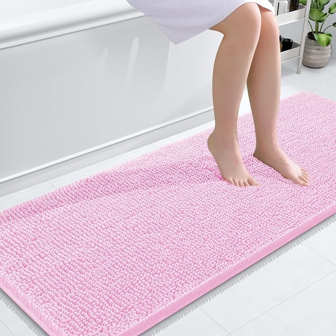 OLANLY Bathroom Runner Rugs 59x24, Extra Soft Absorbent Chenille Bath Rugs, Rubber Backing Quick Dry, Machine Washable Long Bath Mats for Bathroom Floor, Tub and Shower, Home Decor Accessories, Pink