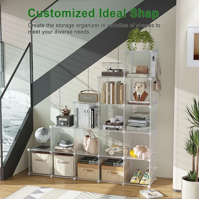 C&AHOME 16 Cube Storage Organizer Cube Shelves Units Storage Cubes, Twill | Plastic DIY Closet Organizer, Stackble Modular Closet Storage Shelves Ideal for Home, Bedroom, 48.4" L × 12.4" W × 48.4" H