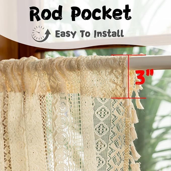 Sutuo Home Beige Lace Boho Curtains 45 Inches 2 Panels,Semi Sheer Small Window Curtains for Kitchen Cafe Crochet Vintage Chic Country Tassels Bohemian Drape Privacy Rustic Geometry Rod Pocket, 50" W