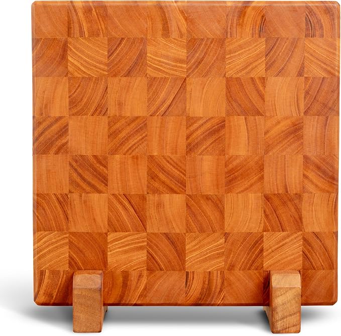 SHUMARU Mahogany End Grain Cutting Board 12.6×12.6×2 in with Holder – Handmade Checkered Butcher Block, Knife-Friendly, Non-Slip Feet, Ergonomic Handles