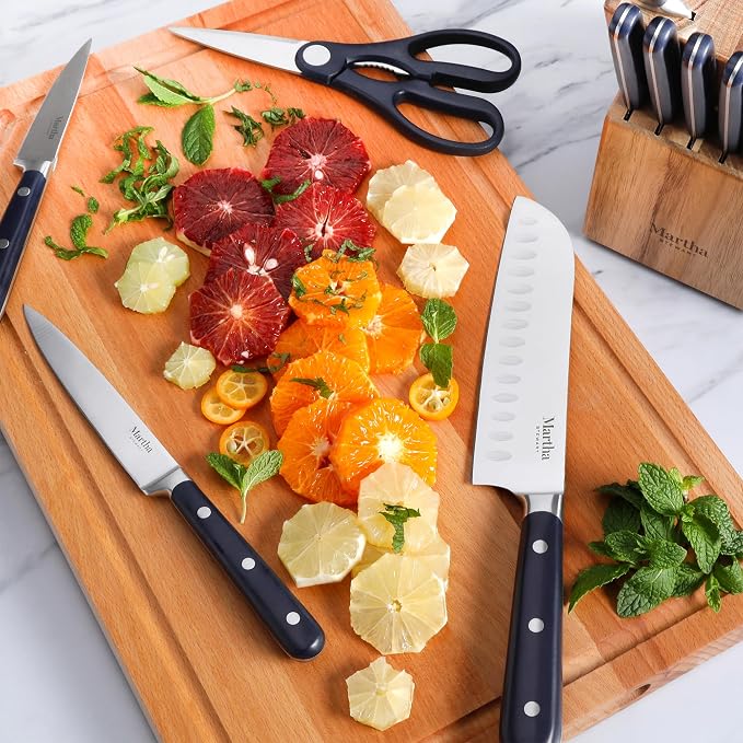 MARTHA STEWART Eastwalk 14 Piece High Carbon Staineless Steel Cutlery Set w/ABS Triple Riveted Forged Handle Acacia Wood Block - Navy Blue