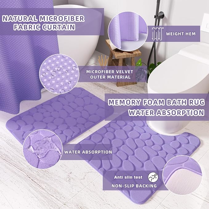 XLHOMO Bathroom Accessories Set - 25PC Bathroom Sets with Shower Curtain and Rugs, Purple Bathroom Set with Trash Can, Soap Dispenser, Soap Dish & Toilet Brush