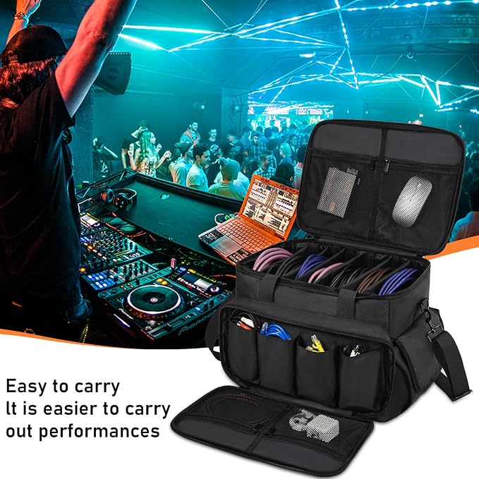 IBVIVIC DJ Cable File Bag with 6 Detachable Dividers High Capacity Gig Cable Bag for Cords,DJ Gear,Sound Instrument and Accessories, Black