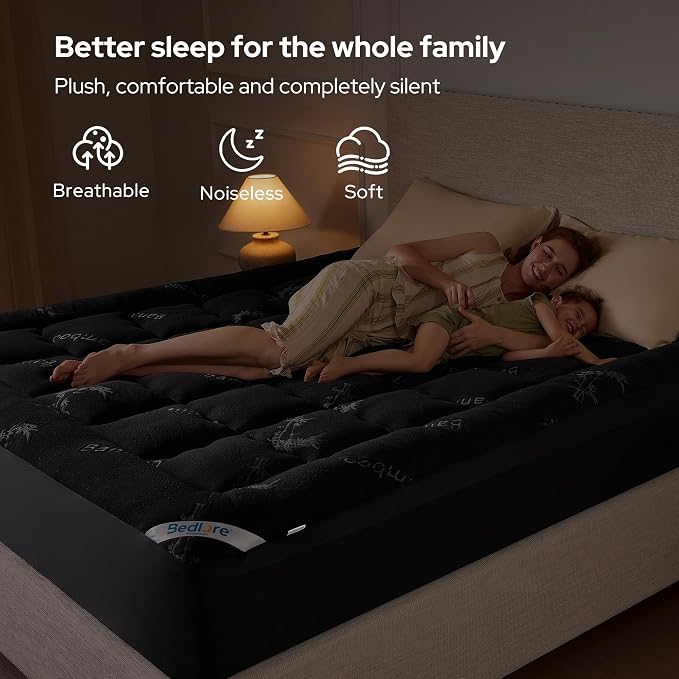 BEDLORE California King Mattress Topper Viscose Derived from Bamboo, Thick Pillow Top Mattress Pad with Stretchable Pockets for 6"-18" Mattress, Soft Mattress Topper for Back Pain Relief(Black)