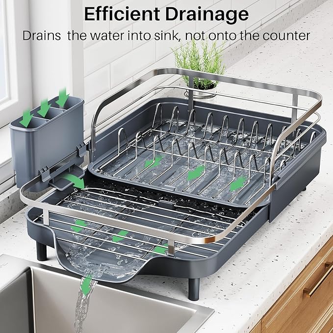SNTD Dish Drying Rack, Expandable Dish Rack for Kitchen Counter, Stainless Steel Dish Drainer with Drainboard Set and Utensil Holder (Gray)