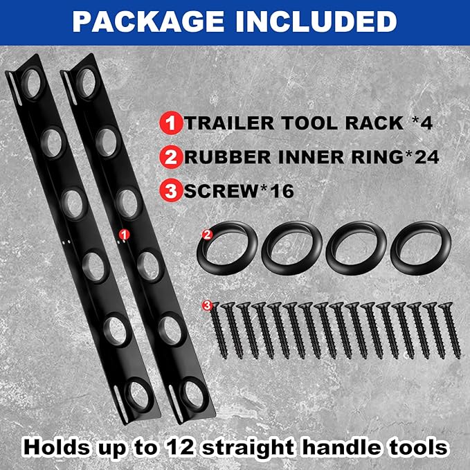 4 Sets 6-Tool Landscape Trailer Rack for Lawn Equipment 6 Hole Hand Tool Storage Rack Landscaping Shovel Holder for Truck with Rubber Grommets and Mounting Hardware Accessories, Black