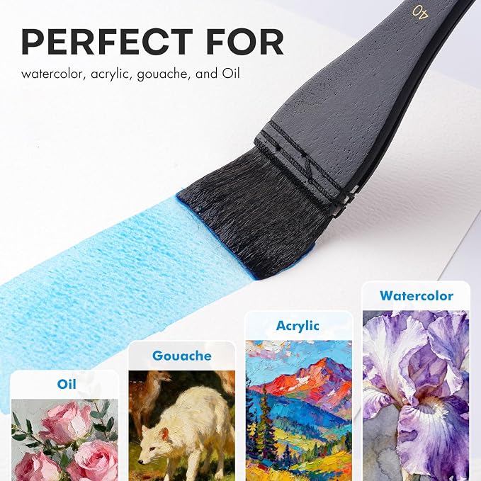 Flat Watercolor Brushes, 3pcs Professional Squirrel Hair Flat Hake Brushes Set, Artists Scale Large Paint Brush with Long Handle for Watercolor and Acrylic Paints