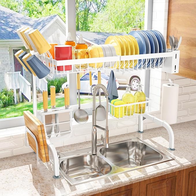 Over The Sink Dish Drying Rack, Adjustable (25.5 to 36.5 inch) 2 Tier Metal Steel Dish Drying Racks for Kitchen Counter with Hooks Paper Towel Utensil Cup Holder Sink Caddy (White) | All-in-One Large Capacity, Snap-On Design for Flexible Use, Strong Me...