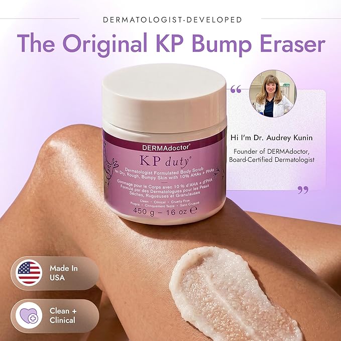 DERMAdoctor KP Bump Eraser Body Scrub with 10% AHAs + PHAs for Keratosis Pilaris, Dry, Rough, and Bumpy Skin, Dermatologist Formulated Exfoliating Body Scrub with Glycolic and Lactic acids - 16 Fl oz