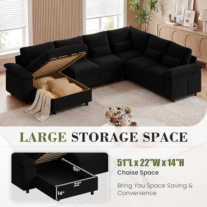 110 Inch Modular Sectional Sleeper Sofa with Pull Out Bed, U Shaped 7 Seat Cloud Modular Sectional Sofa with Storage, Corduroy Sectional Couches for Living Room, Removable Sofa Cover, Black